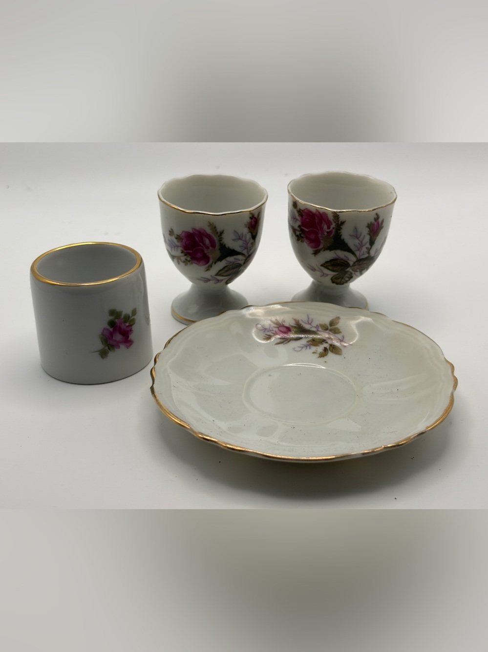 2 Gold Rimmed Rose Egg Cup, Napkin Ring, Queen China Plate